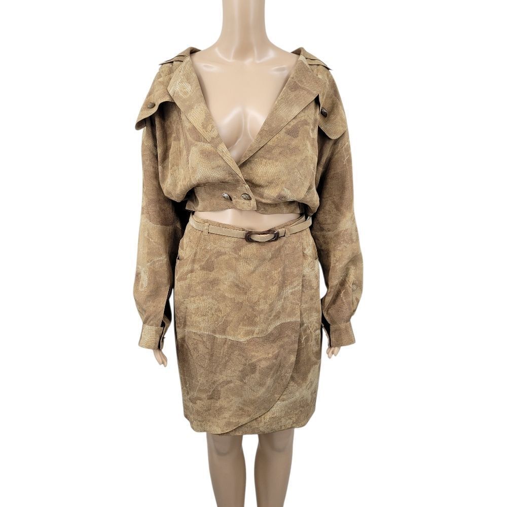 Vintage Silk Snakeskin Print Cropped Jacket Top & Faux Wrap Skirt Matching Set - Picture 2 of 15